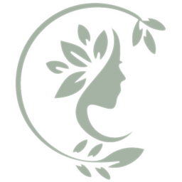 Logo_Kims-Spa: Abstraktes Profil eines weiblichen Gesichts mit Blättern und einem runden Rahmen.